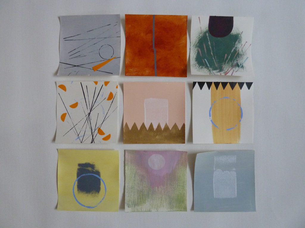 Diverse kleine Arbeiten auf Papier, 15 x 15 cm, Acryl, Aquarell, Gouache, Collage und Blattgold, 2020