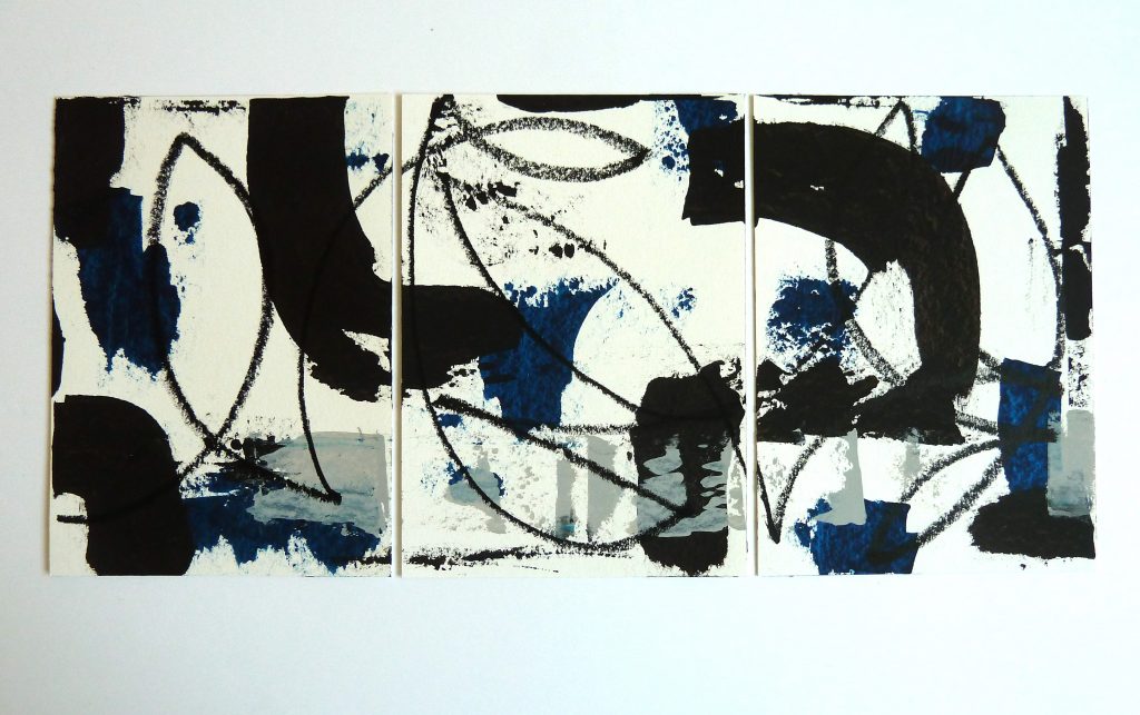 Linie-Fläche-Raum Nr. 17, je 24 x 17 cm, Triptychon, Acryl, Marker auf Aquarellbütten, 2021