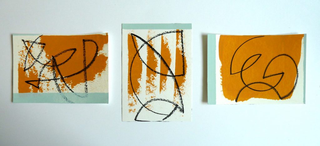 Linie-Fläche-Raum Nr. 18, 17 x 24 cm, 24 x 17 cm, 17 x 24 cm, Triptychon, Acryl, Marker auf Aquarellbütten, 2021